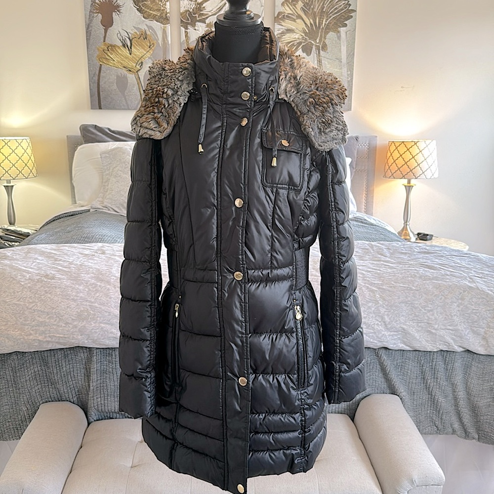 Laundry by Design Quilted Puffer Jacket with detachable faux fur hood - size L